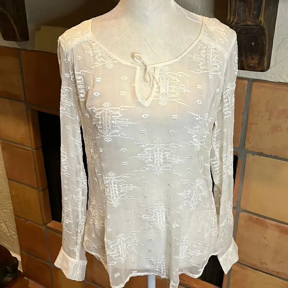 GRAY Saks Fifth Avenue Sheer Ivory Embroidered Blouse, XS!
